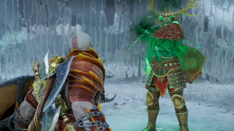 Kratos squaring off against King Hrolf
