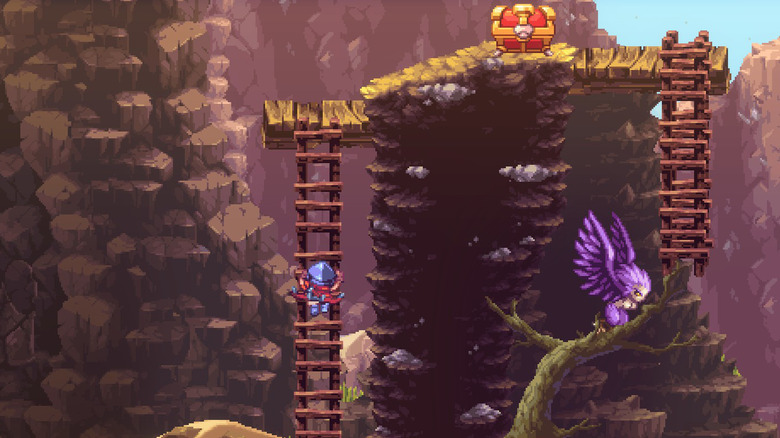 Souldiers Metroidvania character climbing to chest
