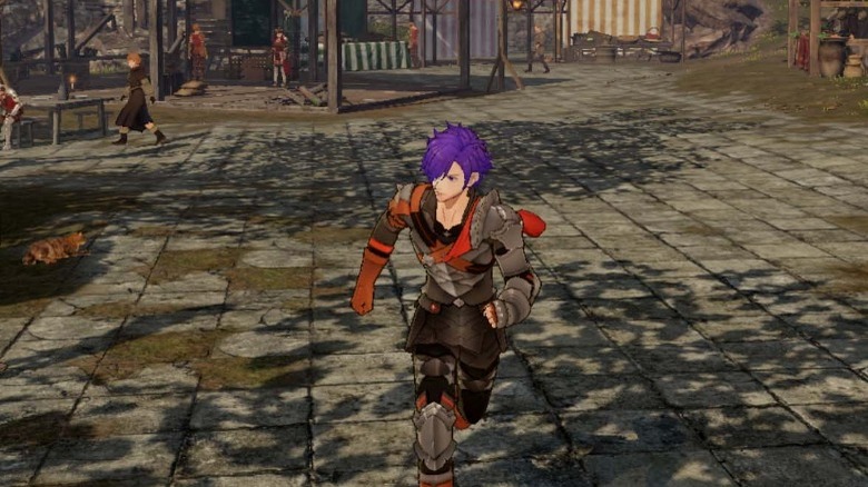 A Fire Emblem character running through town