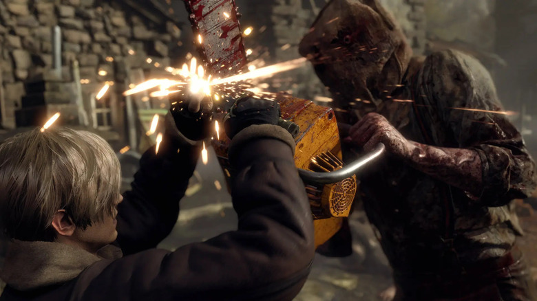 Leon parrying chainsaw with knife