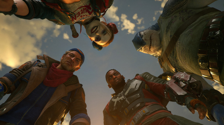 Suicide squad looking down at camera