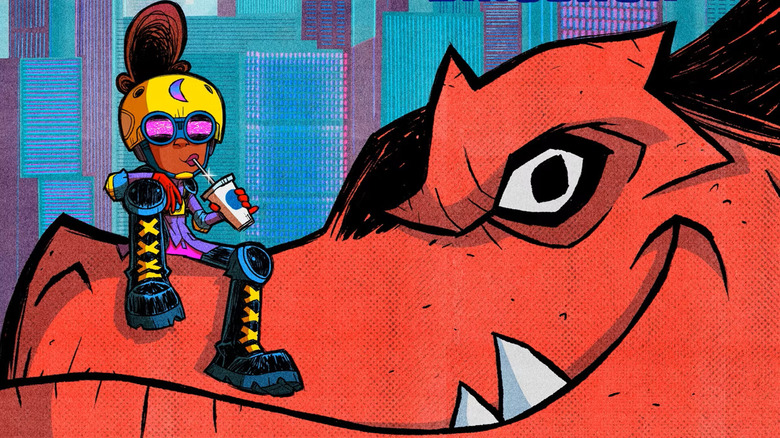 Moon Girl sitting on Devil Dinosaur's snout