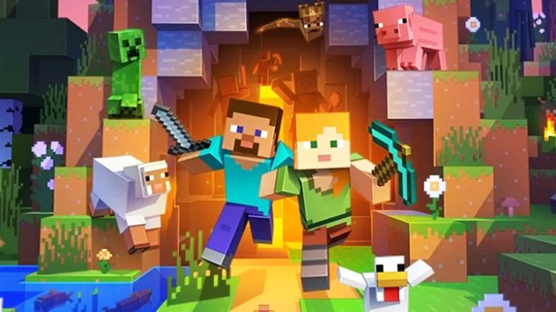 Minecraft characters in front of cave