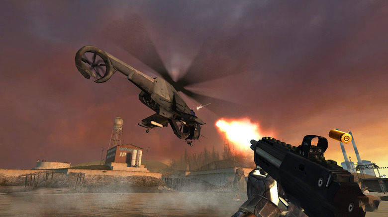 Gordon Freeman shooting a helicopter