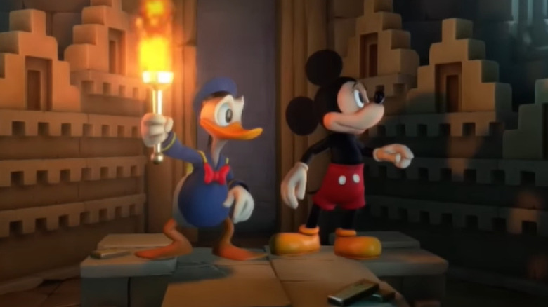 Donald Duck holding a torch with Mickey Mouse