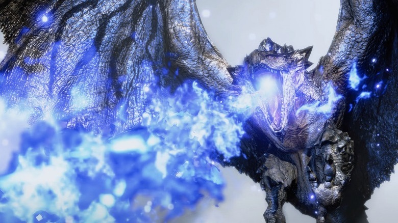 Silver Rathalos breathes blue fire