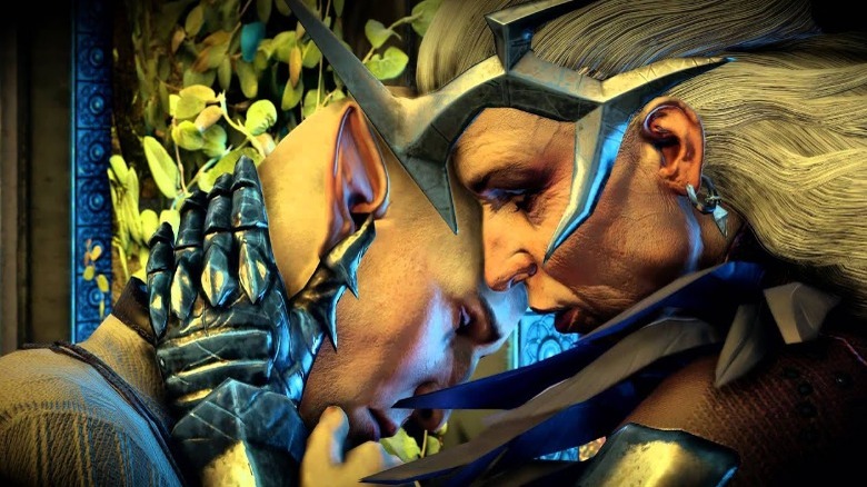 Solas and Flemeth embracing