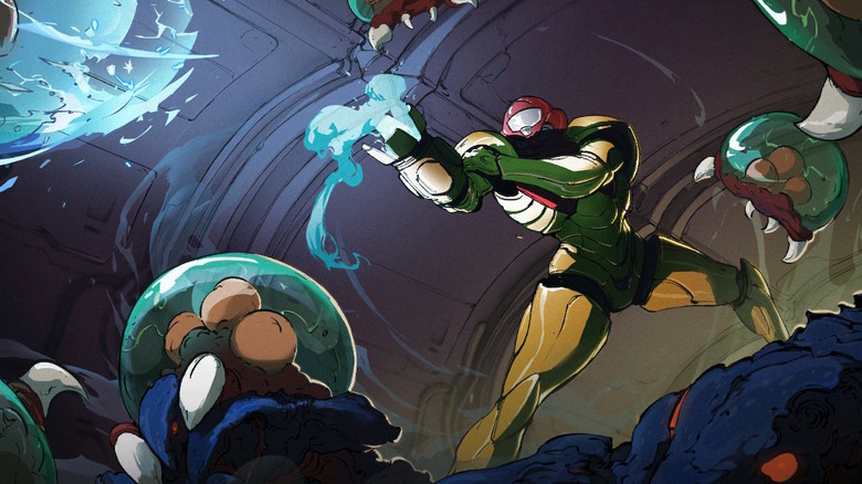 Samus surrounded by creatures