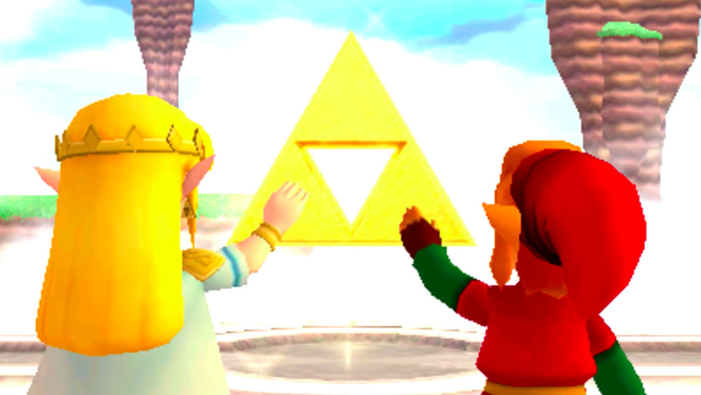 Zelda and Link reach for the Triforce