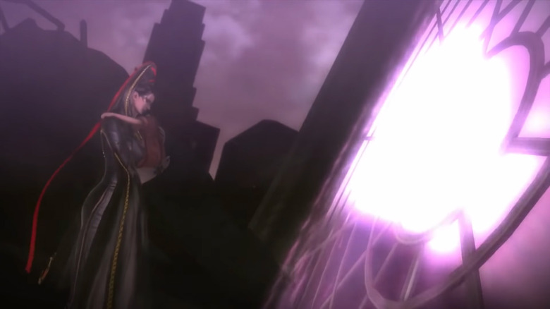 Bayonetta carrying Cereza into a portal
