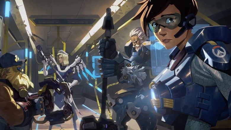 Tracer, Mercy, Reinhardt, and Torbjorn in a hangar