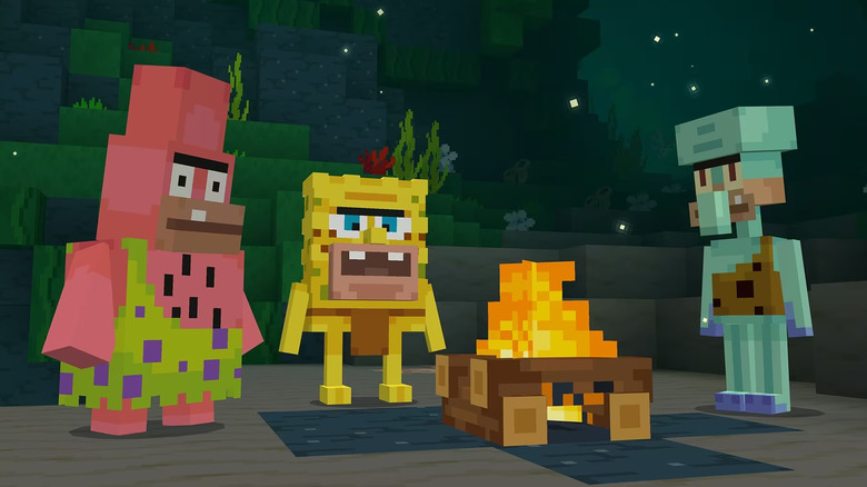 Patrick, Spongebob, and Squidward around a Minecraft fire