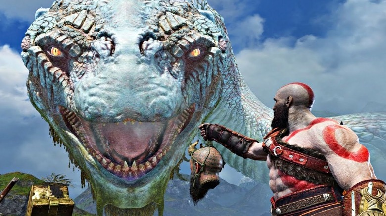 Kratos holding Mimir to Jormungandr