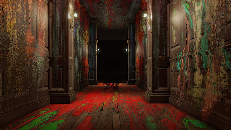 a creepy and colorful hallway