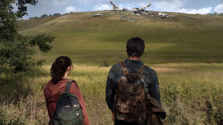 Ellie and Joel looking at a plane wreck