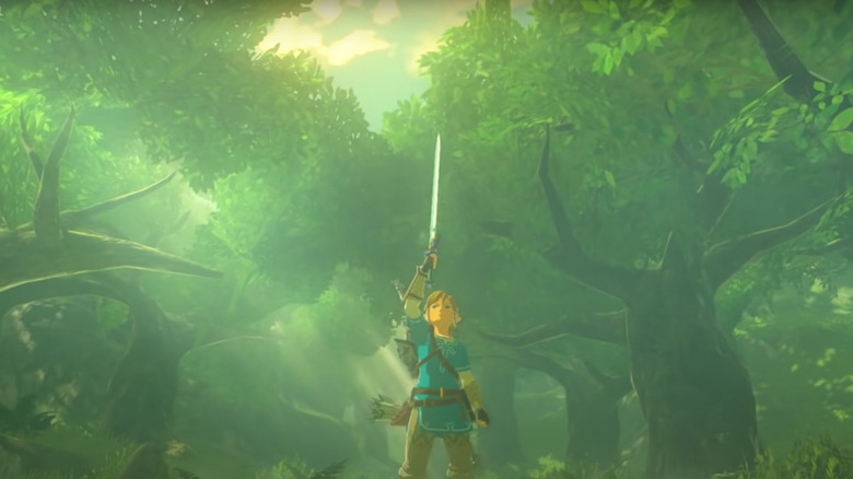 Link holds sword overhead