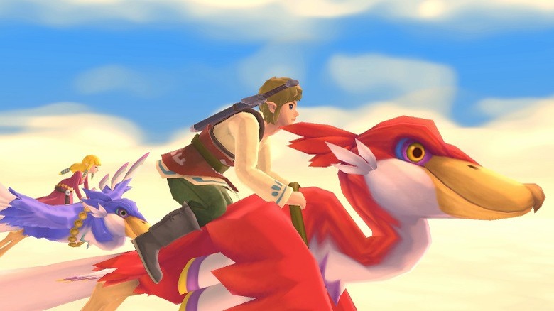 Zelda and Link riding birds through the sky