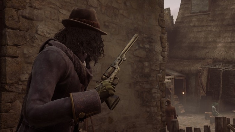 Player holding Colt revolver