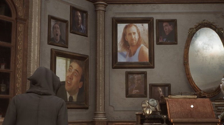 Player staring at wall of Nic Cage paintings