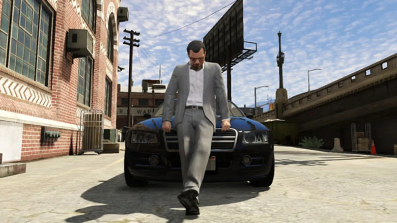 GTA character leaning against hood of car