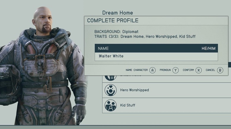 A loookalie of Walter White in "Starfield's" character creator