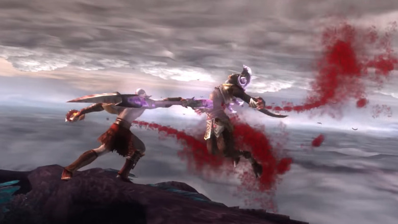 Kratos thrusting the Spear of Destiny