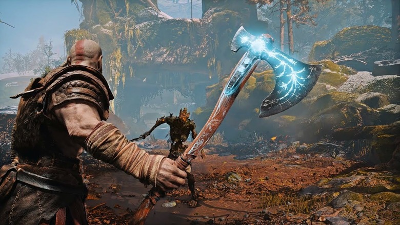 Kratos getting ready to throw the Leviathan Axe