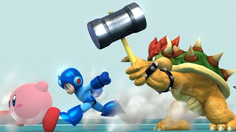 Bowser chases Kirby with a hammer