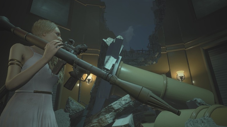 A woman hold a rocket launcher
