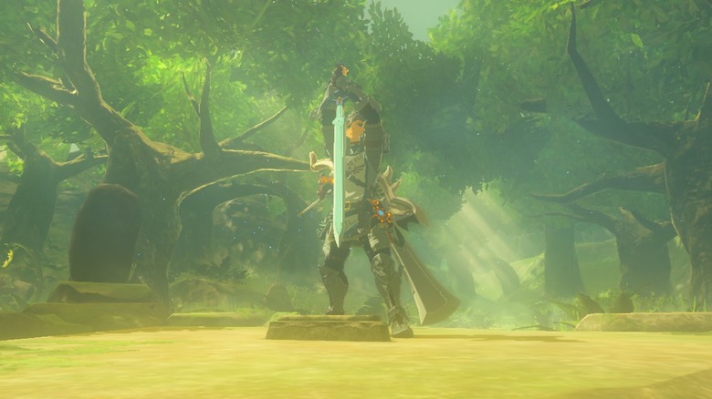 Link plunges a sword toward the ground