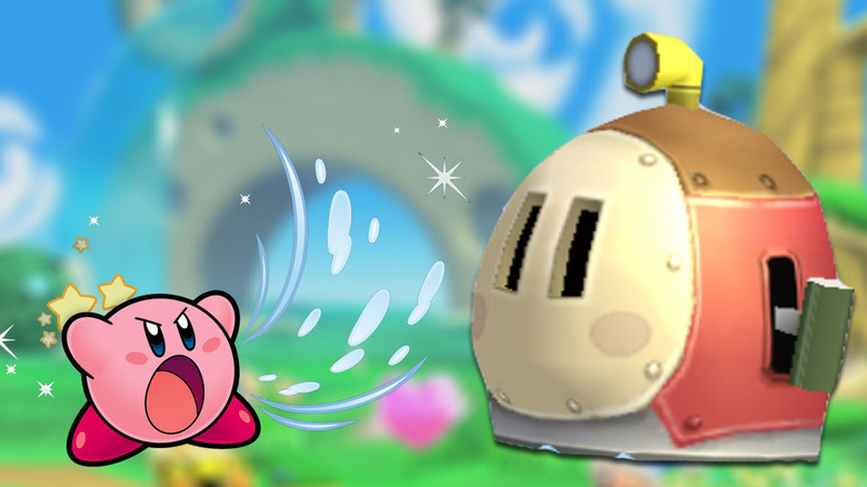 Kirby inhales an armored Waddle Dee