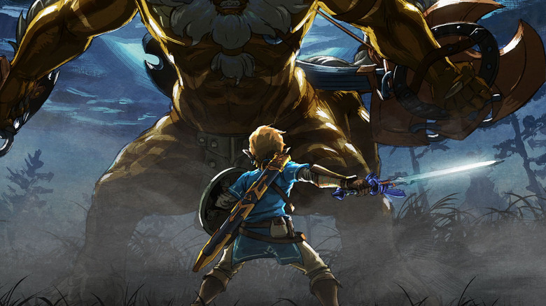 Breath of the Wild Link Fighting Tall Monster with Master Sword in Hand