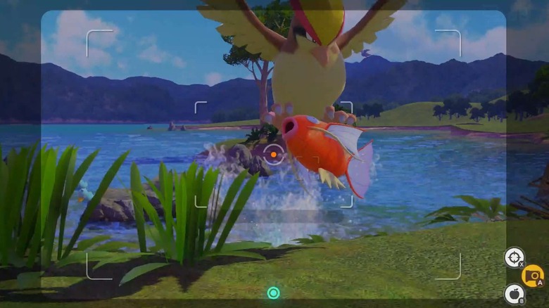 Pidgeot snatching Magikarp out of water in New Pokémon Snap