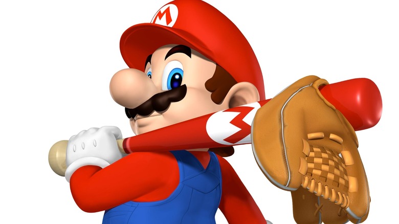 Mario holding baseball bat with catcher's mitt