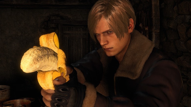 Leon aiming partially peeled banana