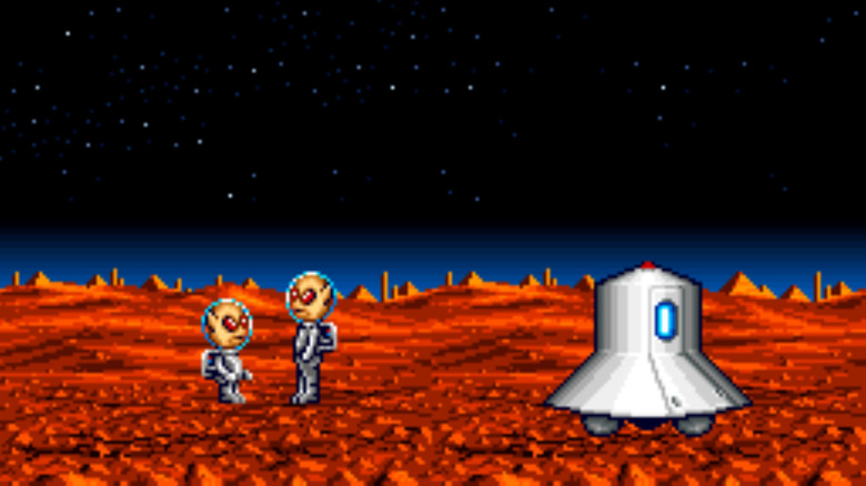 Two aliens with a spaceship on Mars