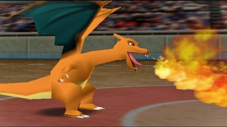 Charizard breathing fire in Pokémon Stadium