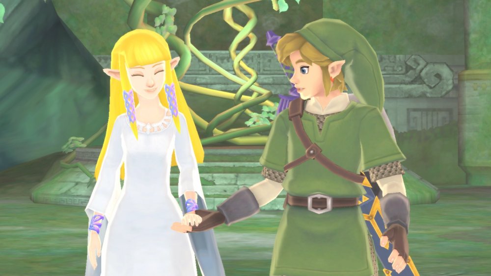 The Skyward Sword versions of Link and Zelda walk hand-in-hand