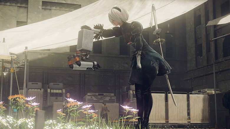 Nier Automata 2B patting support bot on the head