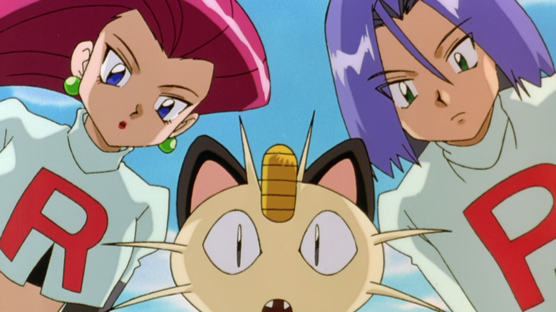 jessie, james, and meowth staring into camera 