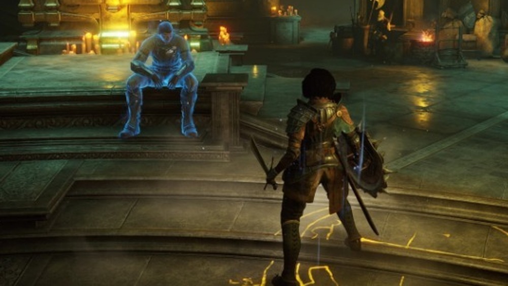 armored character facing glowing man
