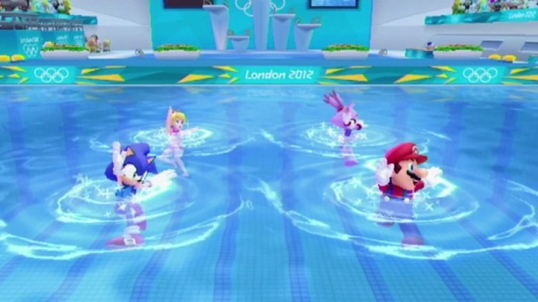 Sonic and Mario synchronized swim in their clothes