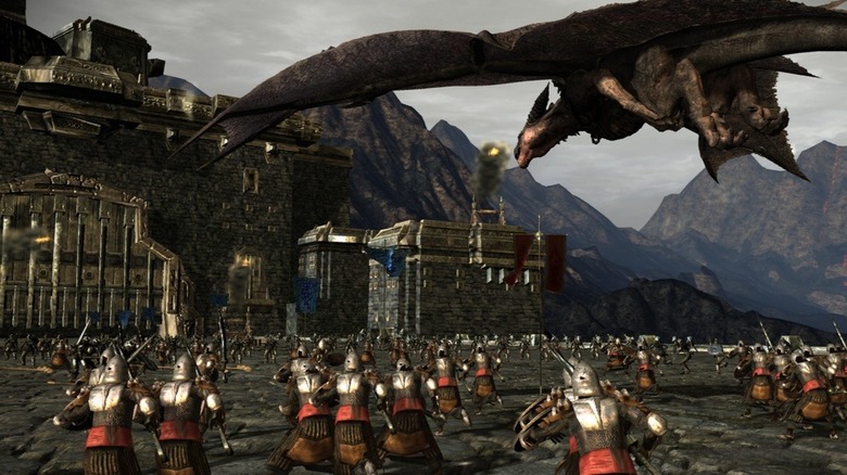 dragon and soldiers in city battle