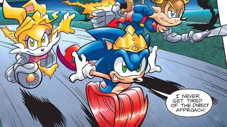 Sonic races down a road, wearing a crown. On his right, his daughter Sonia accompanies him, with his son Manik on the left.