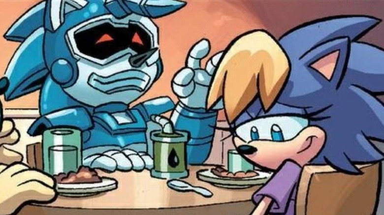 A robot version of Sonic's dad sits at the dinner table with his wife