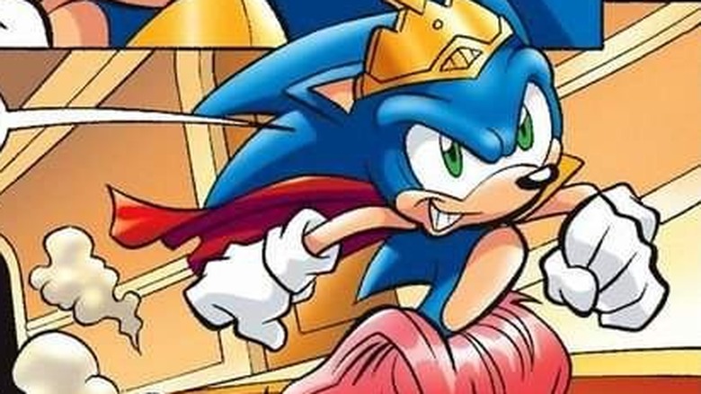 Sonic, in a crown, runs off and leaves Sally behind. Caption reads: Sonic the Hedgehog--Winning arguements for married men the world over! 