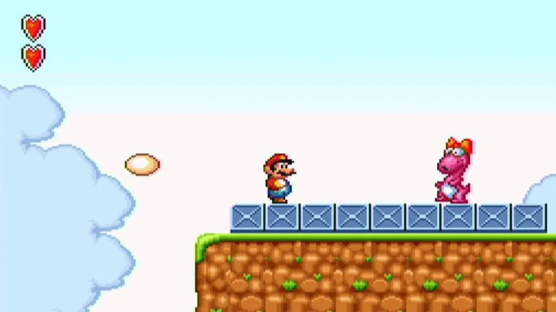 Birdo throwing eggs at Mario