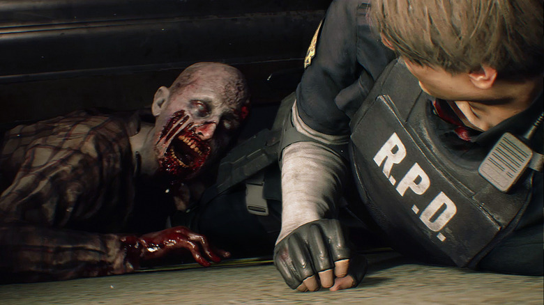 Zombie attacking Leon in Resident Evil 2