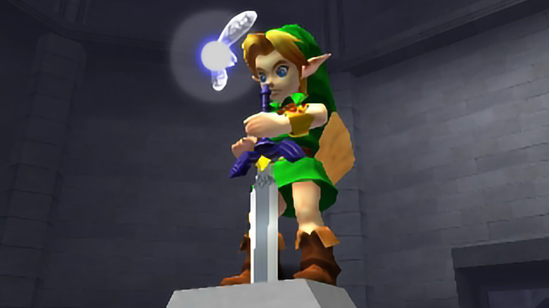 Young Link gripping Master Sword Ocarina of Time