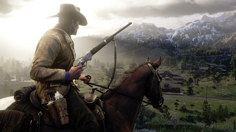 Arthur Morgan on horse with gun